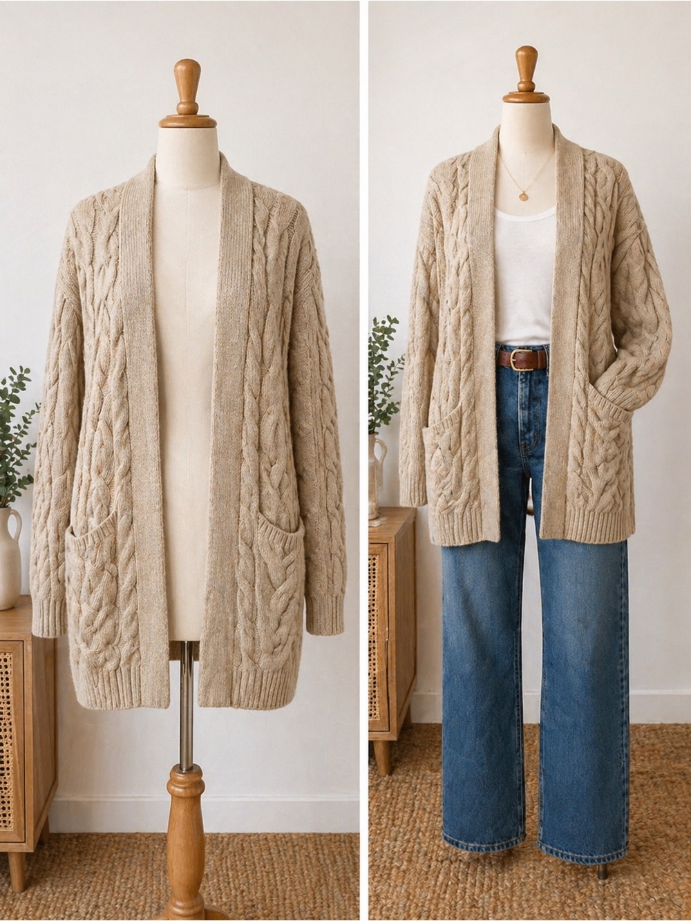 St John’s Bay Plus Size Chunky Cable Knit Cardigan Sweater Beige Open Front